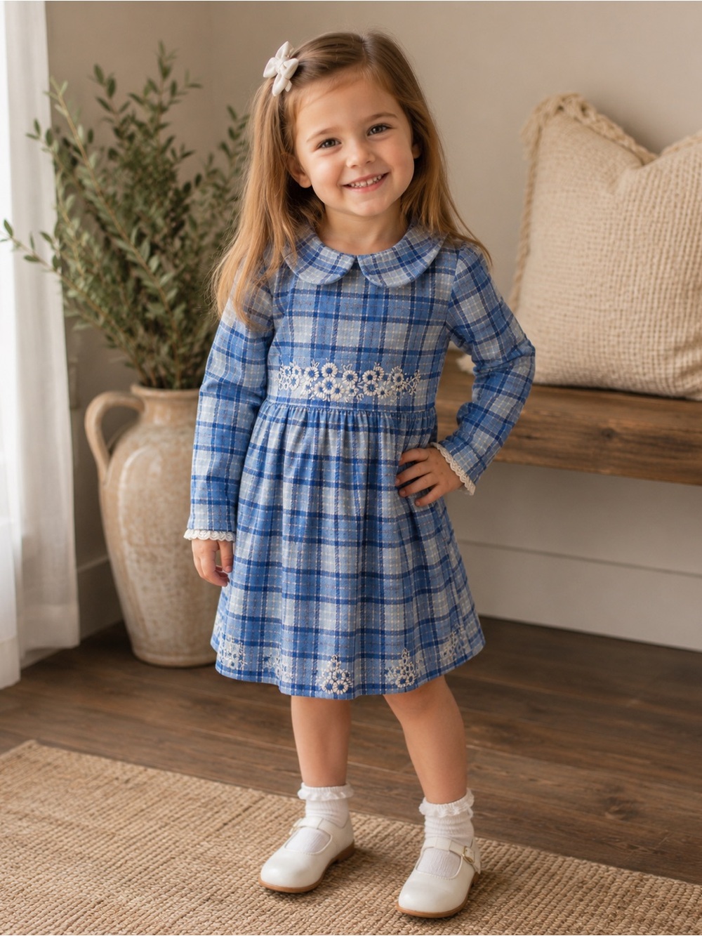 Cotton Kids Blue Plaid Dress Girls 4